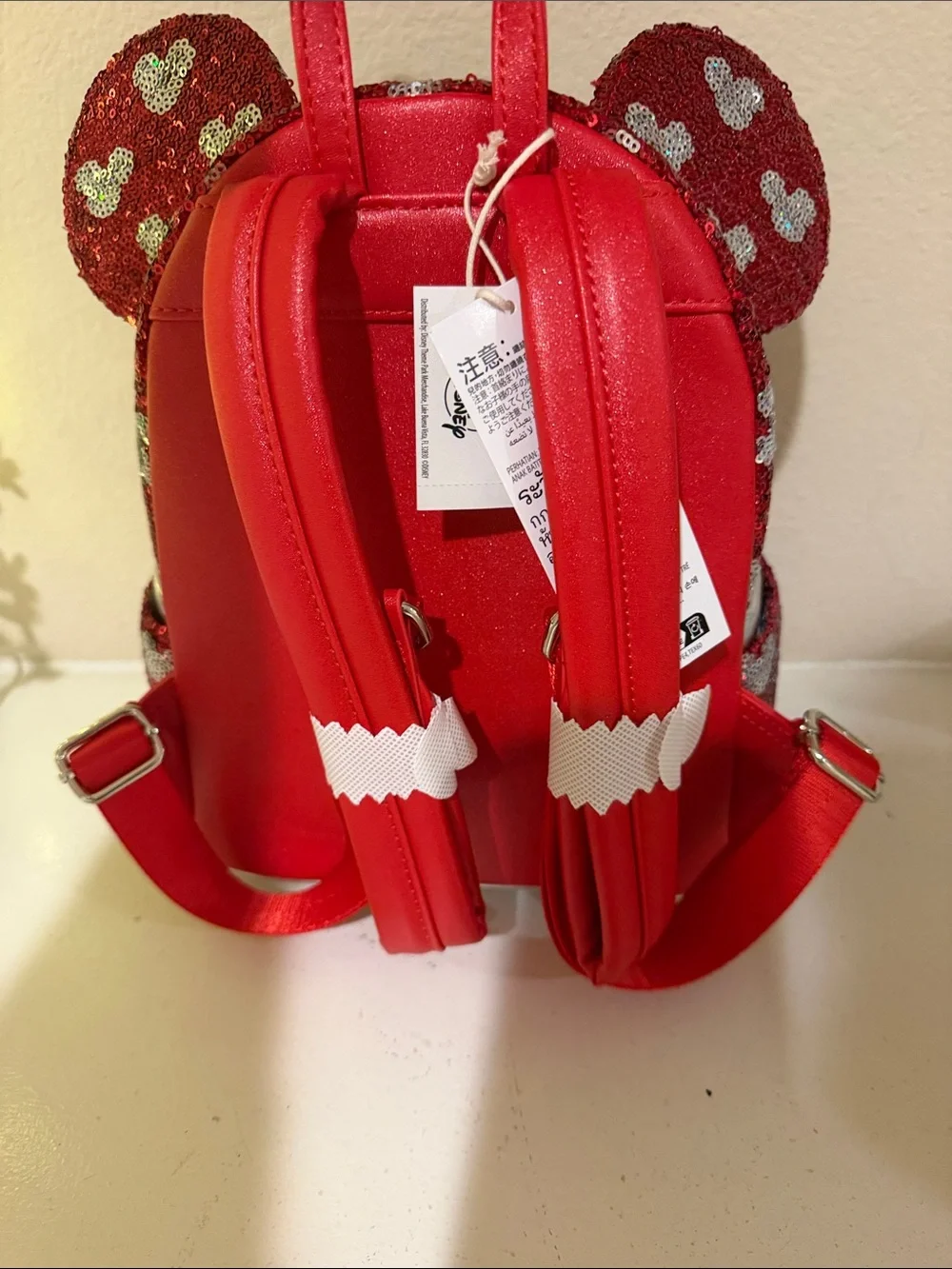 Loungefly Red Sequin Minnie Ear Mini Backpack with Silver Bow